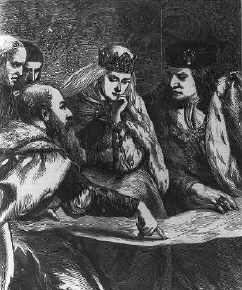 Columbus explaining discovery of America to King Ferdinand and Queen Isabella